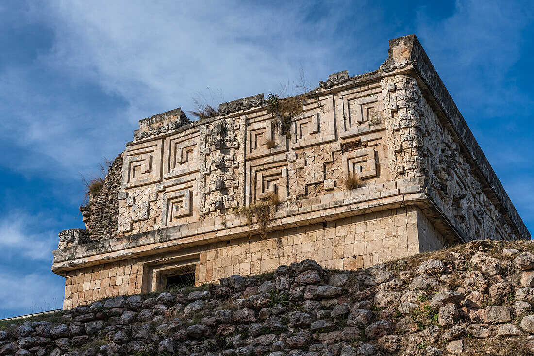 The Palace of the Governors in the ruins of the Mayan city of Uxmal in Yucatan, Mexico. Pre-Hispanic Town of Uxmal - a UNESCO World Heritage Center.