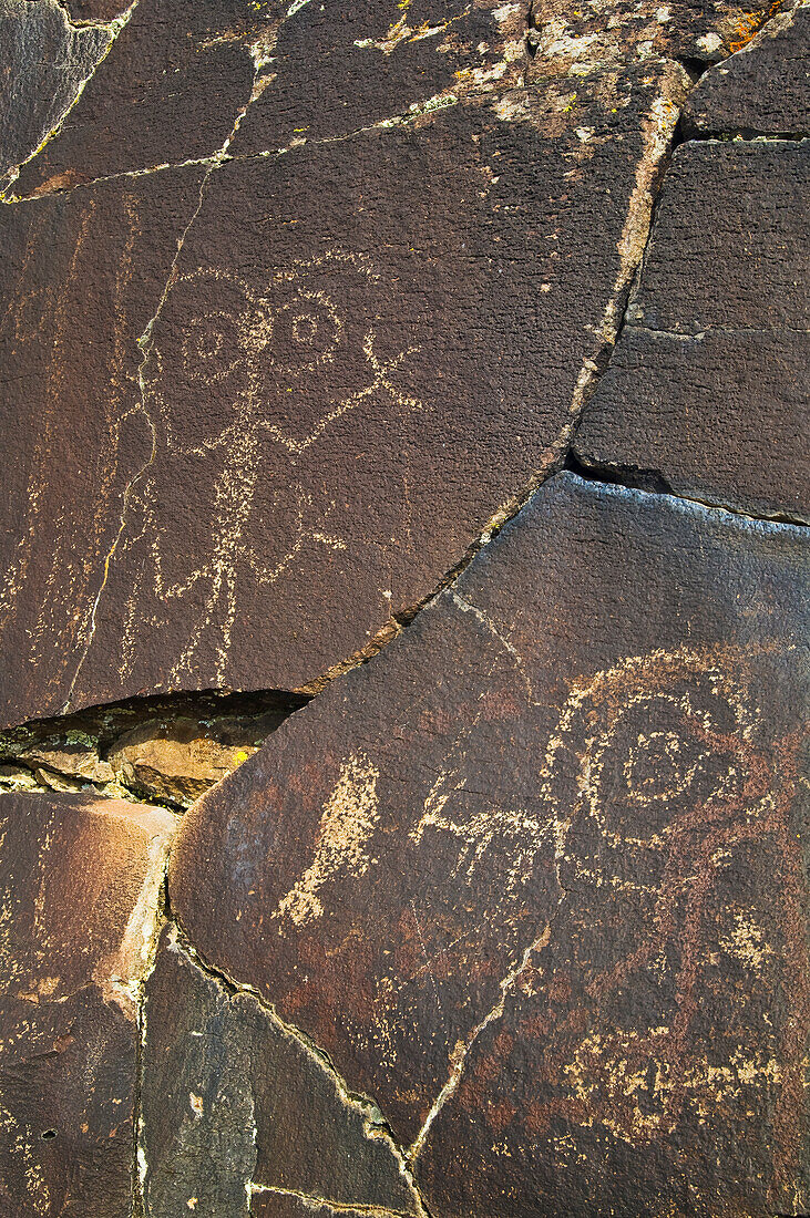 Piktogramm-Felszeichnungen der amerikanischen Ureinwohner am Petroglyph Lake, Hart Mountain National Antelope Refuge, im Südosten von Oregon.