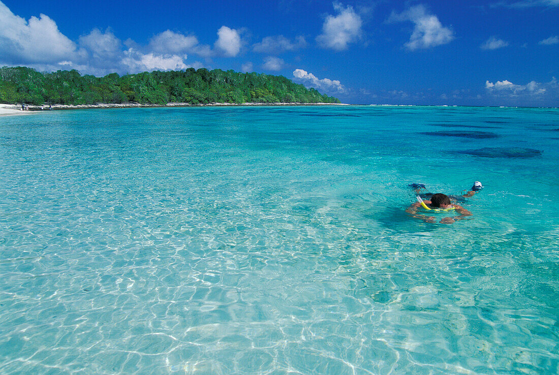 Snorkeling in the lagoon at Bikini Atoll, Marshall Islands, Micronesia.