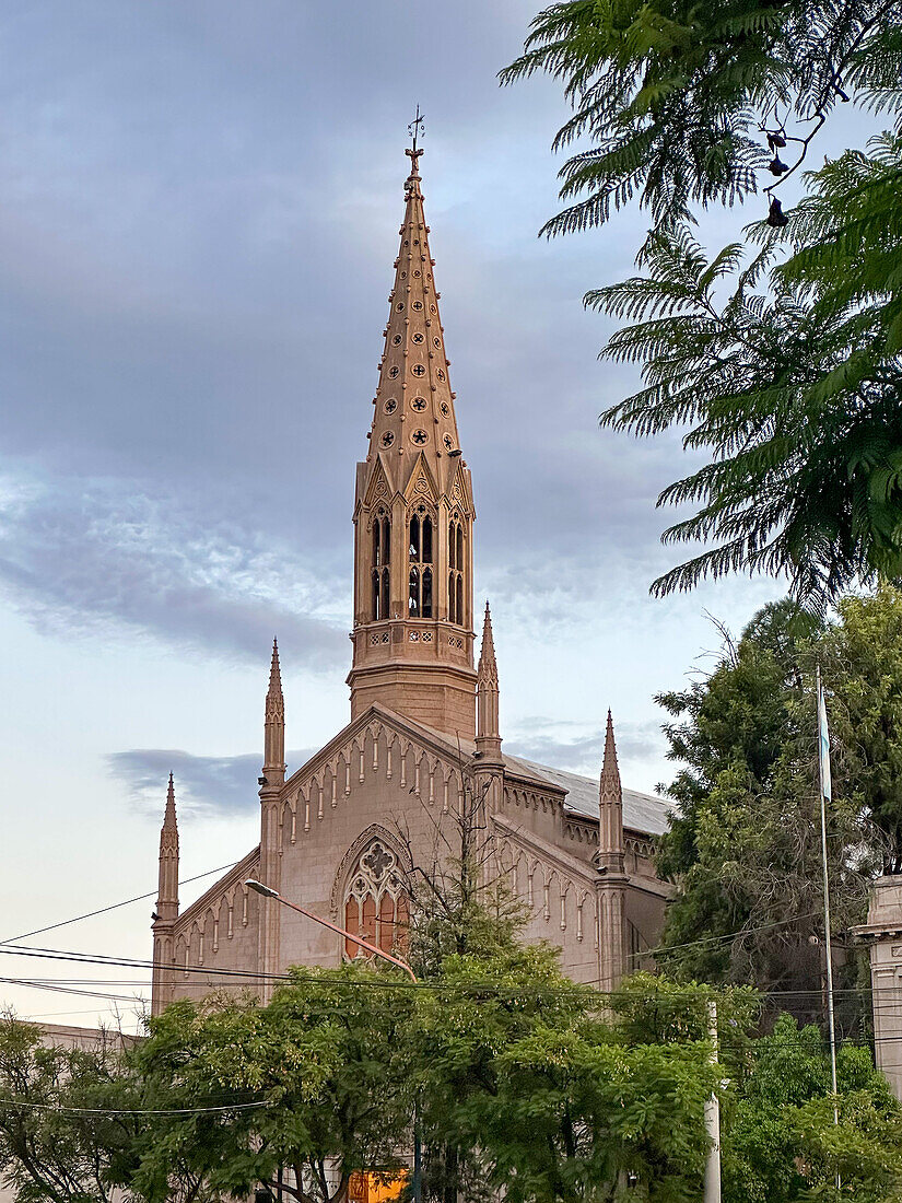 The spire of the San Vicente Ferrer Church in Godoy Cruz, Mendoza, Argentina.