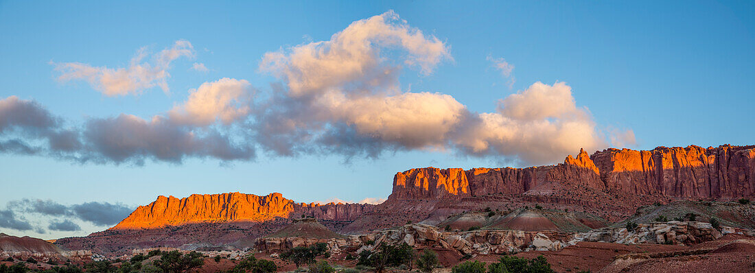 Sunrise light on the sandstone formations of Capitol Reef National Park in Utah.