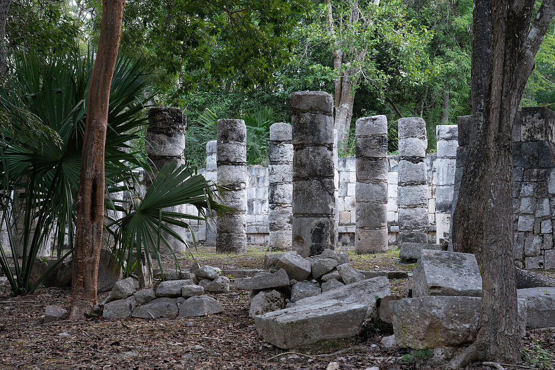 Steinsäulen der Westkolonade auf dem Platz der Tausend Säulen in den Ruinen der großen Maya-Stadt Chichen Itza, Yucatan, Mexiko. Die prähispanische Stadt Chichen-Itza gehört zum UNESCO-Weltkulturerbe.