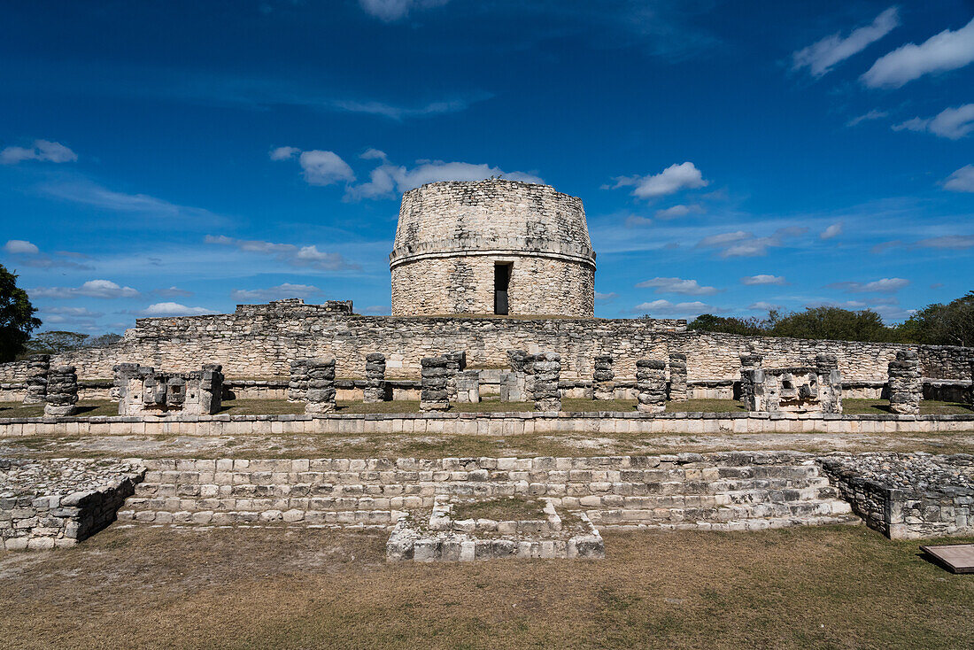Two well-preserved Chaac masks on the Temple of the Chaac Masks in front of the Round Temple or Observatory in the ruins of the Post-Classic Mayan city of Mayapan, Yucatan, Mexico.