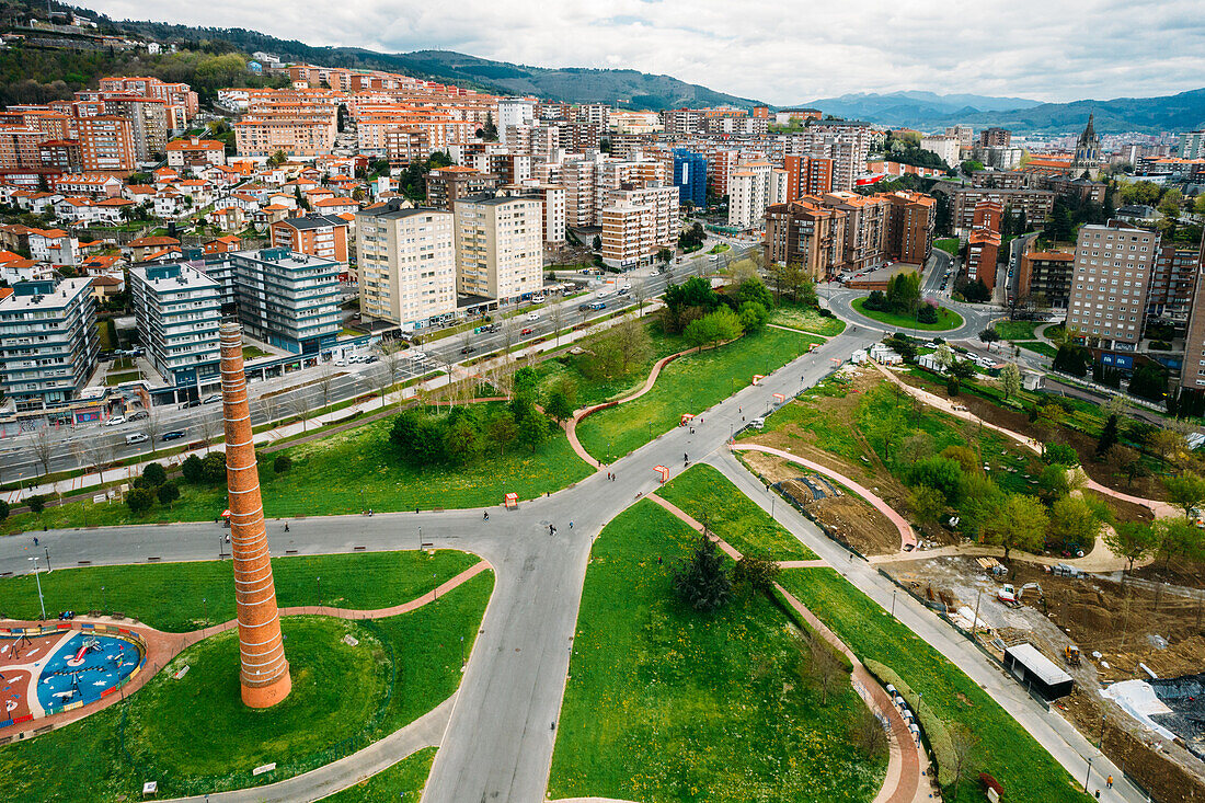 Aerial drone view of Etxebarria Park in Bilbao, Basque Country, Spain, Europe