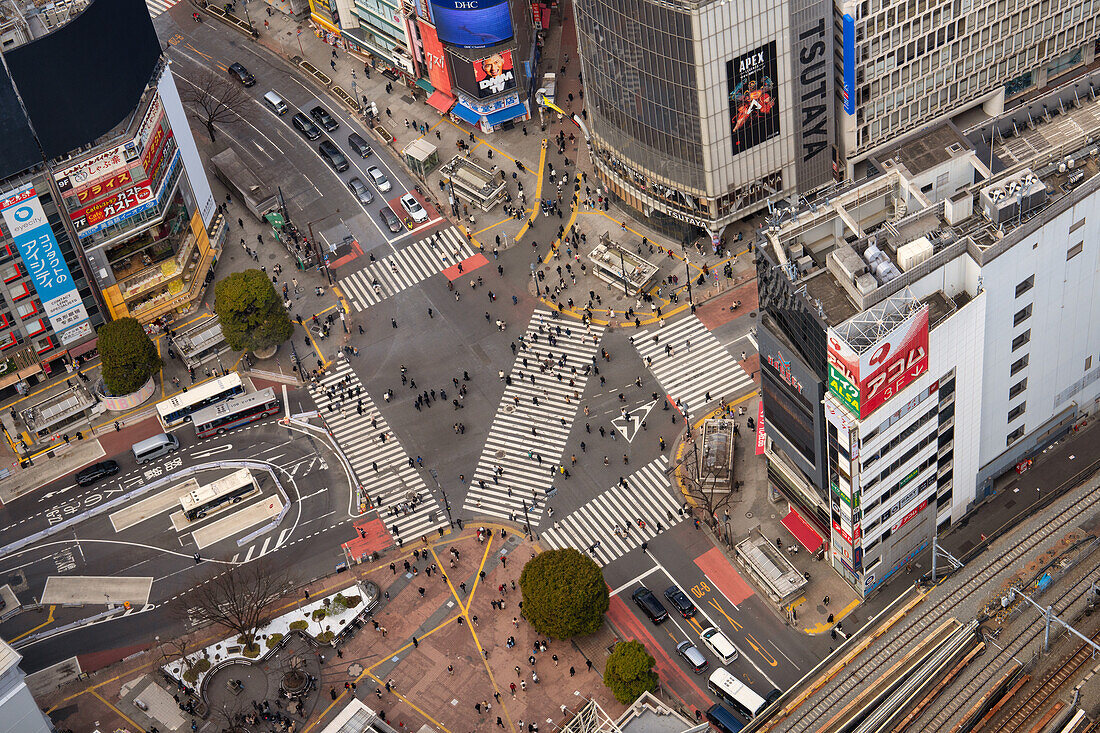 Luftaufnahme der Shibuya-Kreuzung, Tokio, Honshu, Japan, Asien