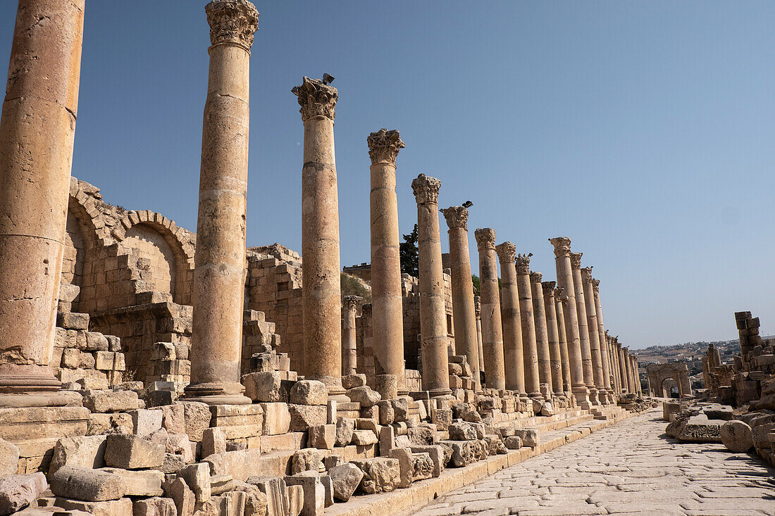 Ancient Roman road with a colonnade in the archaeological site of Jerash, Jordan, Middle East