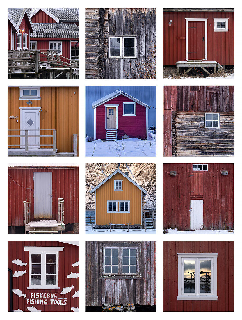 Auswahl an norwegischen Rorbuer-Hütten und Details, Lofoten, Troms og Finnmark, Norwegen, Skandinavien, Europa