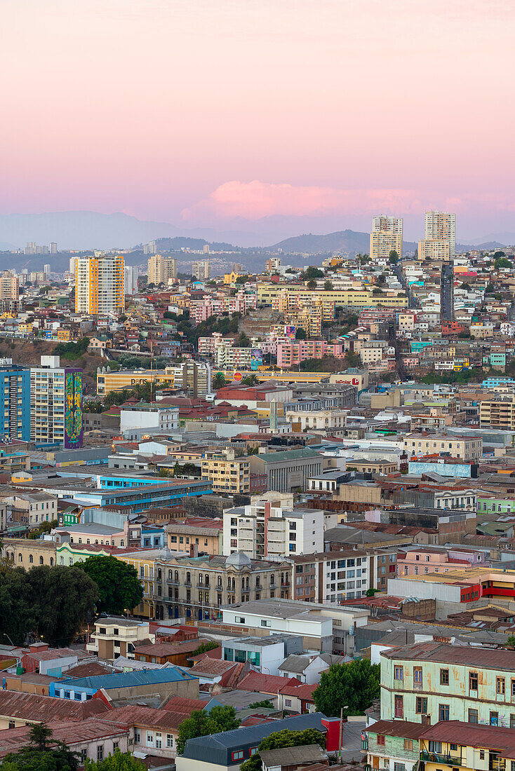 Erhöhte Ansicht von Häusern im Stadtzentrum in der Abenddämmerung, Valparaiso, Provinz Valparaiso, Region Valparaiso, Chile, Südamerika