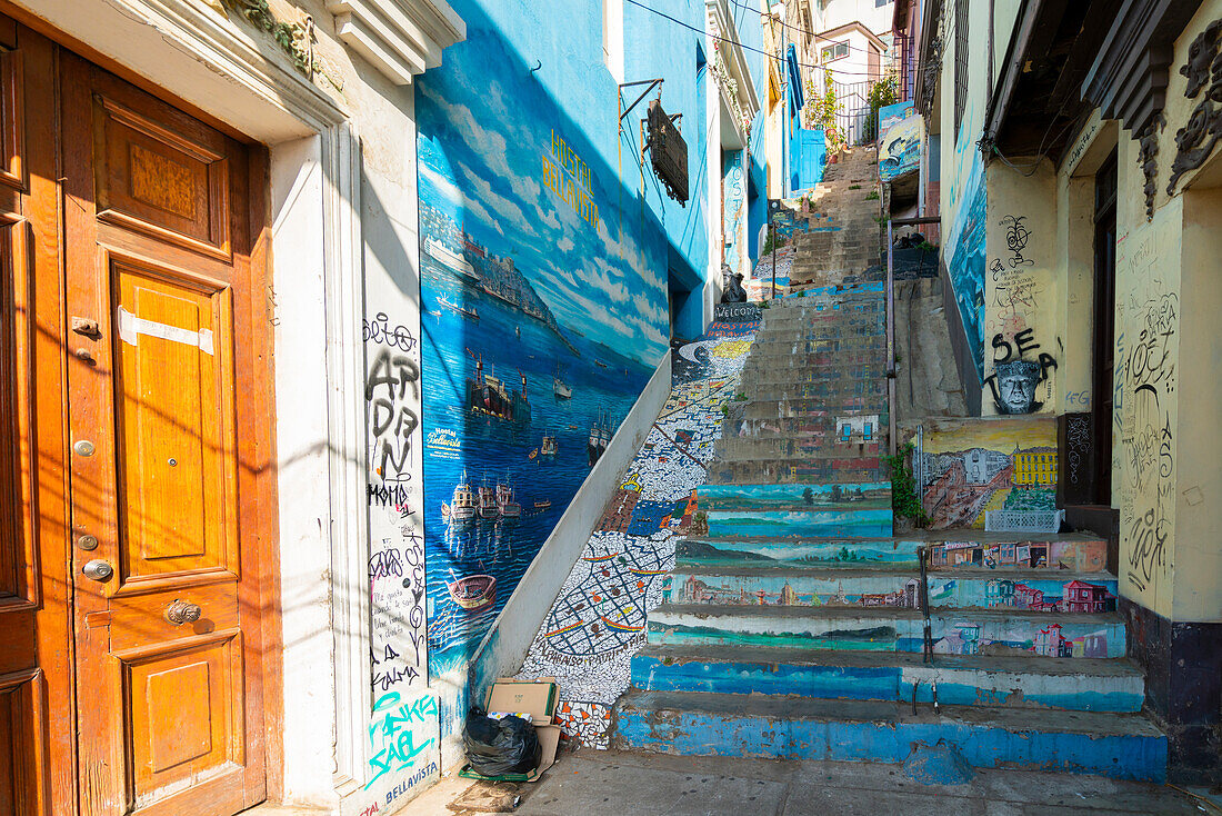 Blue staircase in narrow alley, Cerro Bellavista, Valparaiso, Valparaiso Province, Valparaiso Region, Chile, South America
