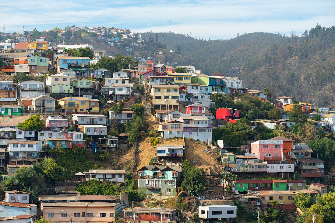 Colorful houses, Cerro Polanco, Valparaiso, Valparaiso Province, Valparaiso Region, Chile, South America