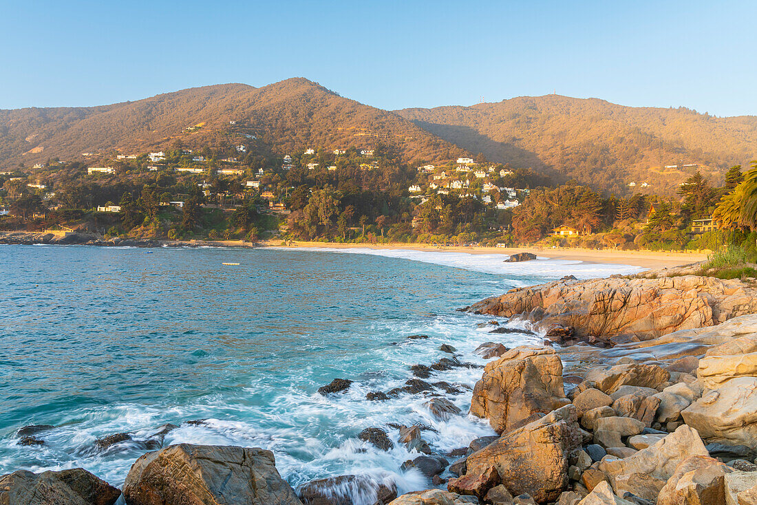 Zapallar beach at sunset, Zapallar, Petorca Province, Valparaiso Region, Chile, South America