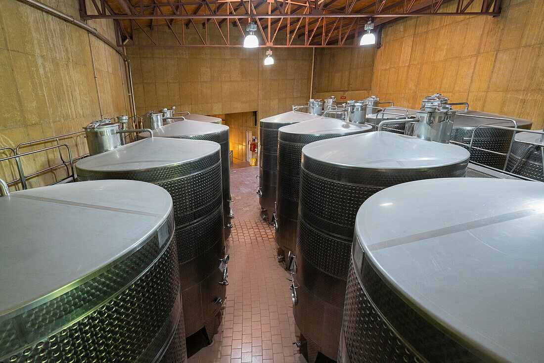 Gärtanks, Weinkellerei Haras de Pirque, Pirque, Maipo-Tal, Provinz Cordillera, Metropolregion Santiago, Chile, Südamerika