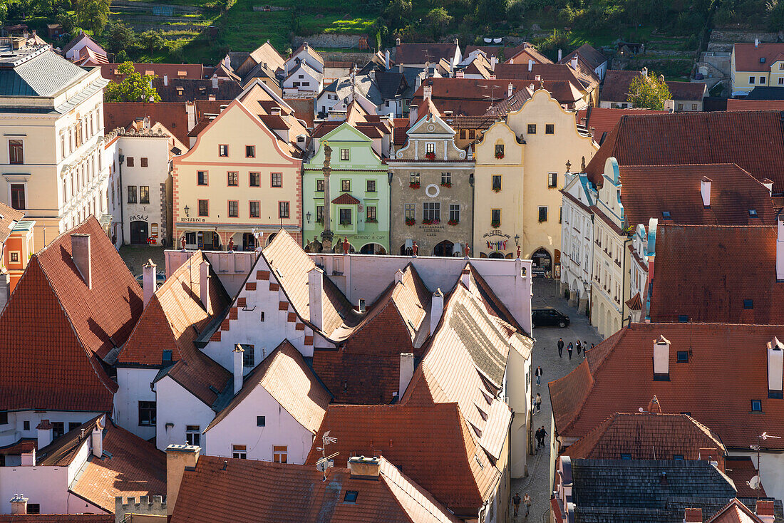 High angle view of houses in historical center of Cesky Krumlov, UNESCO World Heritage Site, Cesky Krumlov, Czech Republic (Czechia), Europe
