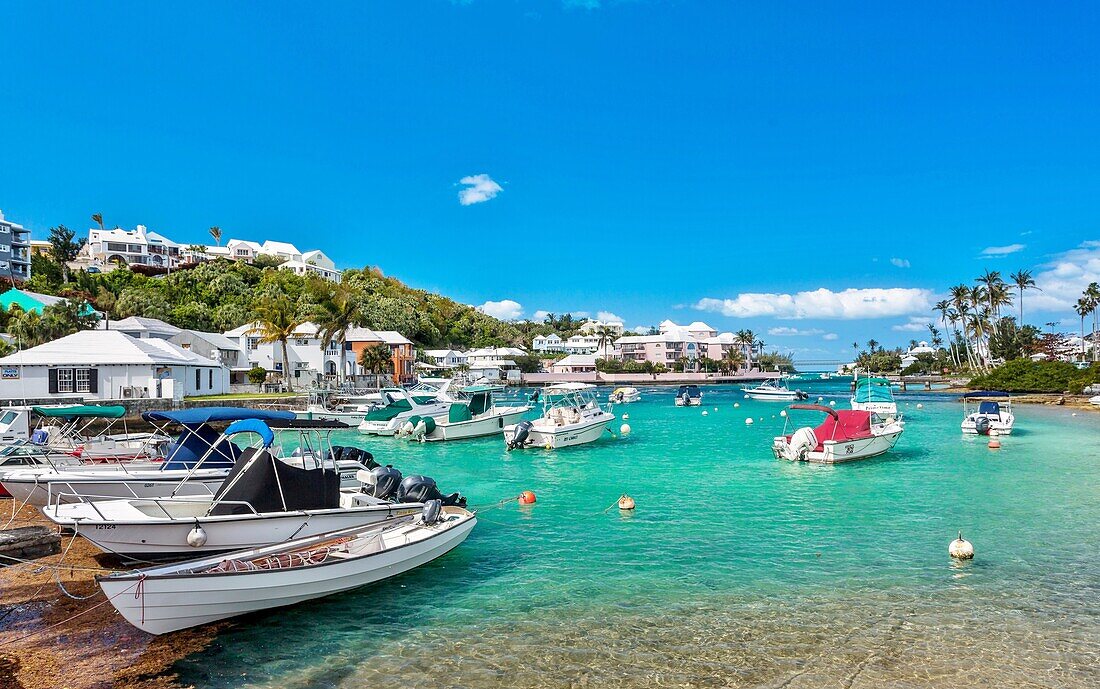 Boats moored in Flatt's Inlet, Bermuda, Atlantic, North America