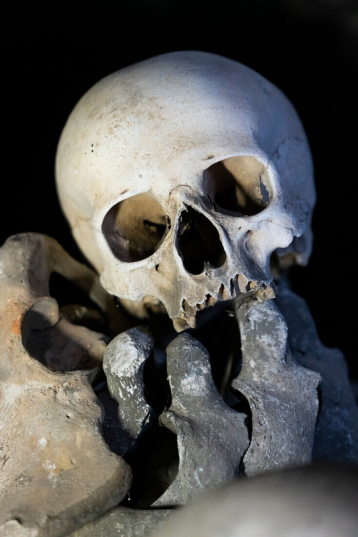 Ausgestellter menschlicher Schädel, Innenraum des Beinhauses von Sedlec, UNESCO-Welterbe, Kutna Hora, Tschechische Republik (Tschechien), Europa
