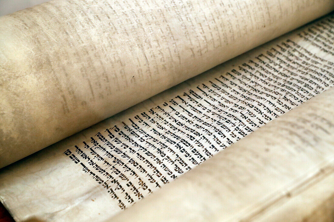 Close-up detail of traditional old Torah scroll book, Jewish Museum of Florida, Miami Beach, Florida, United States of America, North America