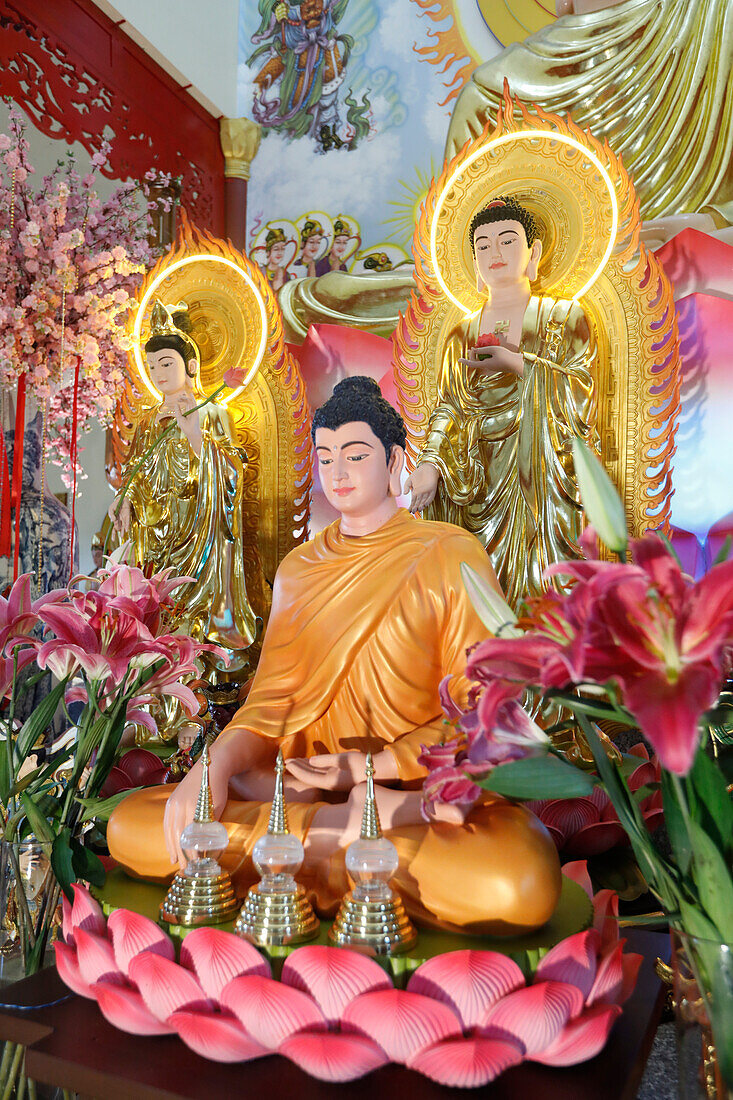 Hauptaltar, buddhistischer Tempel Phu Son Tu, Shakyamuni-Buddha-Statue, Tan Chau, Vietnam, Indochina, Südostasien, Asien