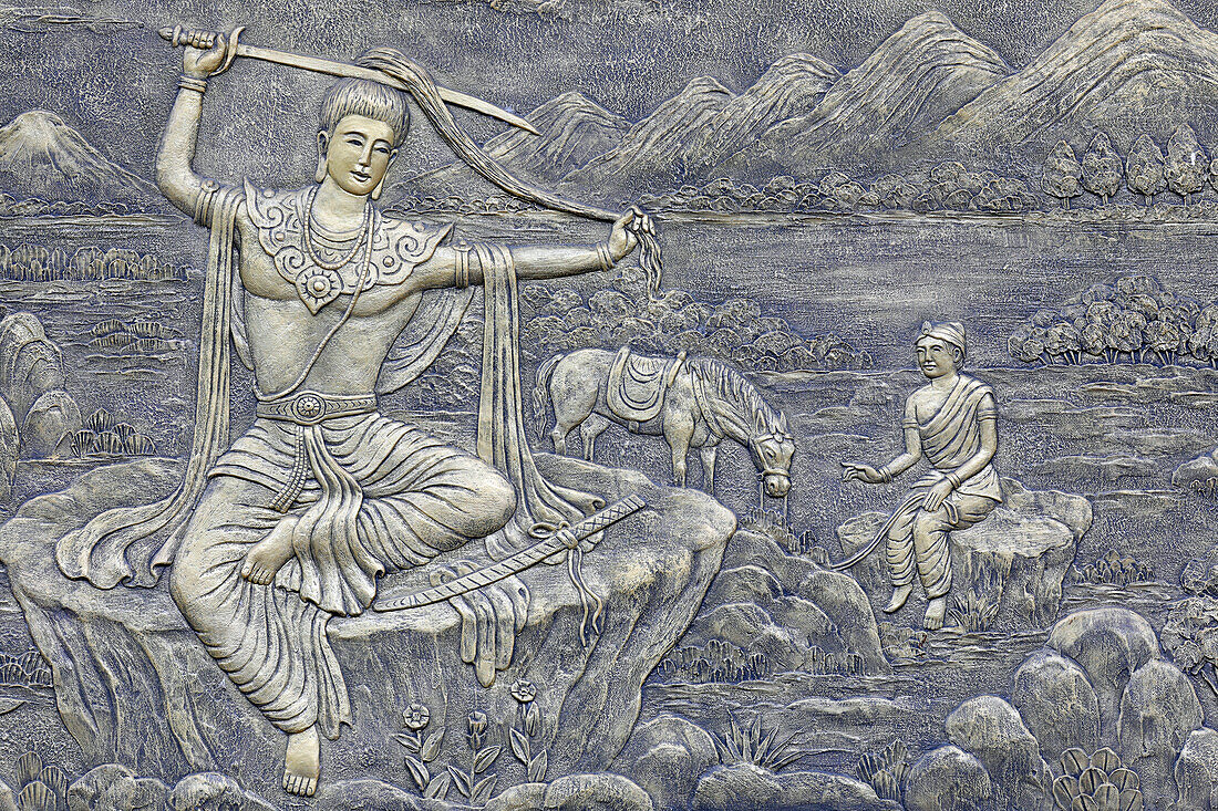 Tinh Xa Ngoc Chau pagoda, Life of Buddha, Siddhartha Gautama, Prince Siddhartha cutting off hair to renounce worldly life on the bank of the Anoma River, Chau Doc, Vietnam, Indochina, Southeast Asia, Asia
