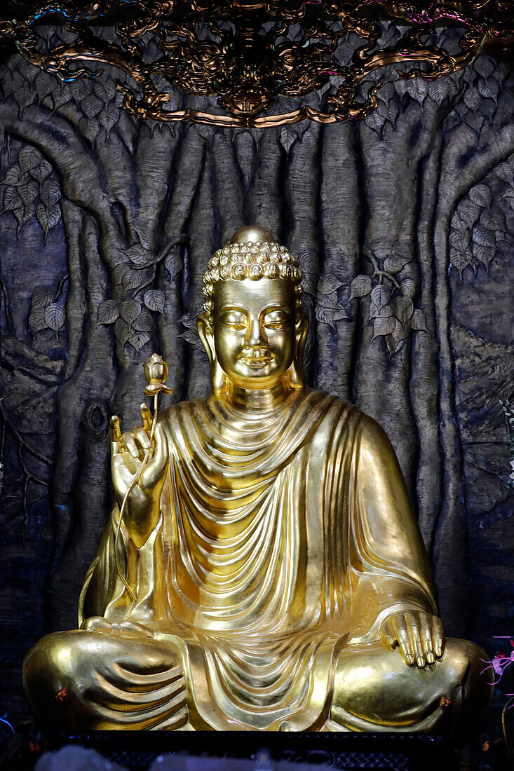 Chua Ho Quoc Pagode, Siddhartha Gautama (der Shakyamuni Buddha) in Meditationshaltung unter Bodhi-Baum sitzend, Phu Quoc, Vietnam, Indochina, Südostasien, Asien