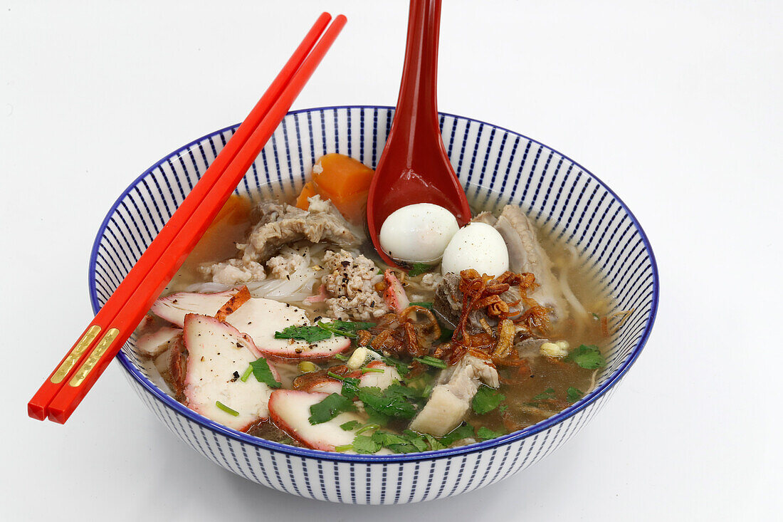 Asian kitchen, Vietnamese pork and noodle soup (Hu tieu mi), France, Europe