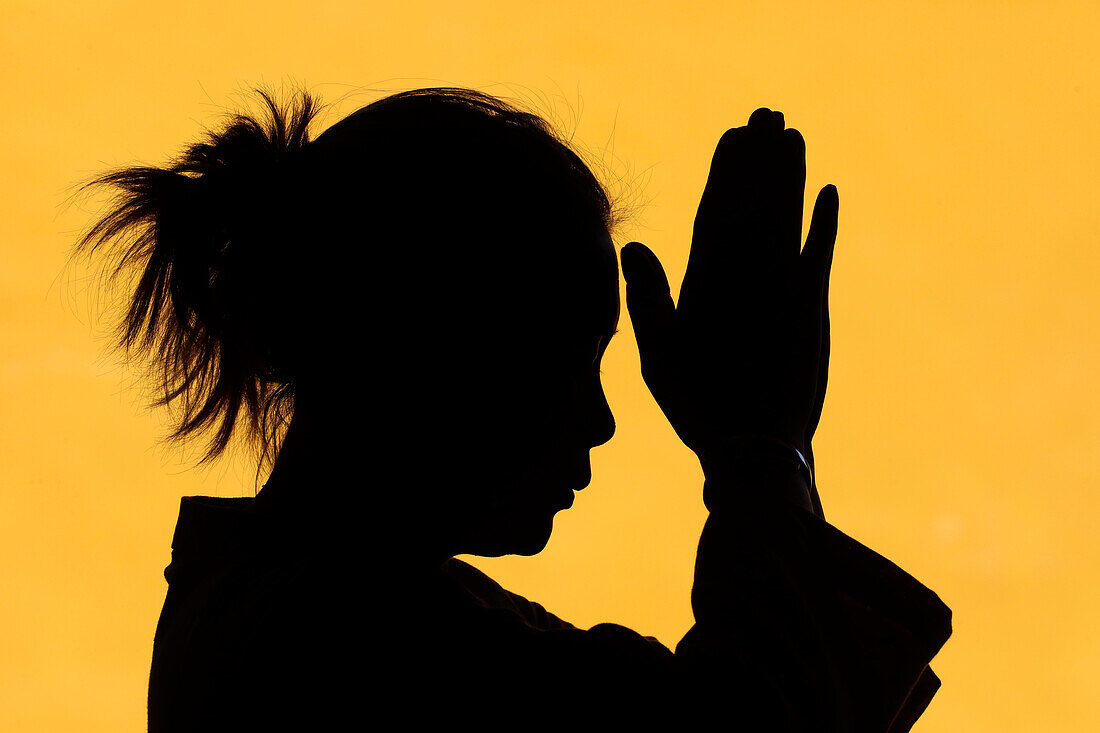 Silhouette einer Frau, die in einem Tempel betet, Glaube und Spiritualität, Vietnam, Indochina, Südostasien, Asien