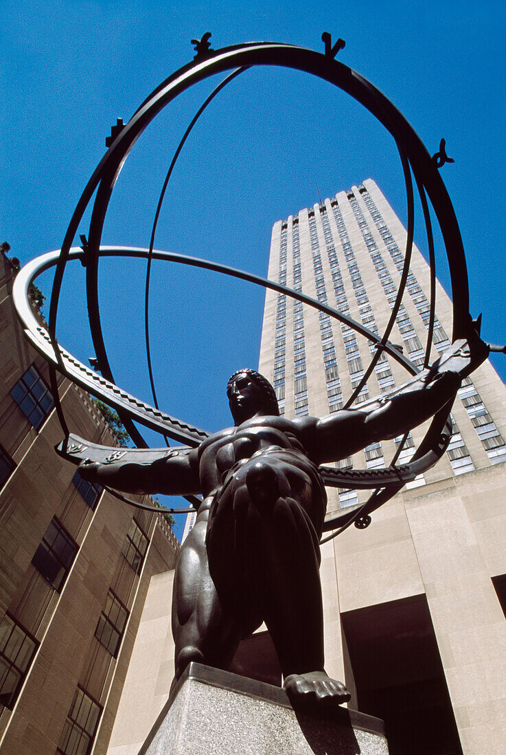 Low Angle View Of Atlas Statue And Rockefeller Centre