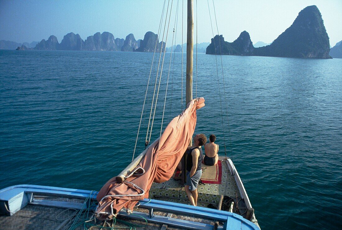 Tourists On Boat Cruising On Halong Bay, Elevated View