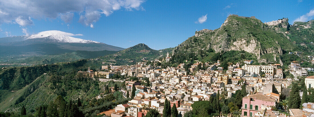 Mt Etna And Town Of Taormina, Elevated View