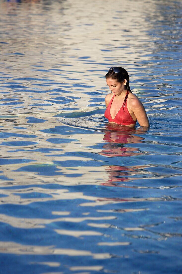 Young Woman Wearing Bikini In Sea On Mayan Riviera, Yucatan Peninsular,Quintana Roo State,Mexico