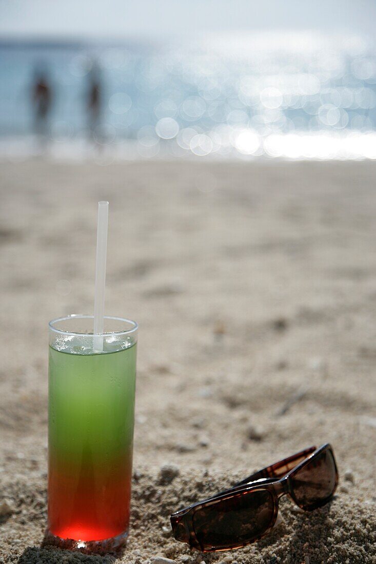 Cocktail Drink And Sunglasses On Beach At Mayan Riviera, Yucatan Peninsular,Quintana Roo State,Mexico