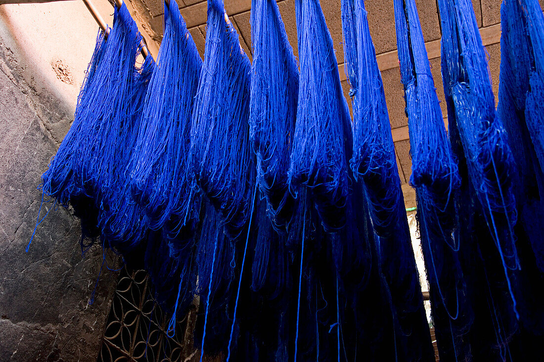 Blue Dyed Cloth Hanging Up To Dry In Souks Of Marrakesh, Morocco