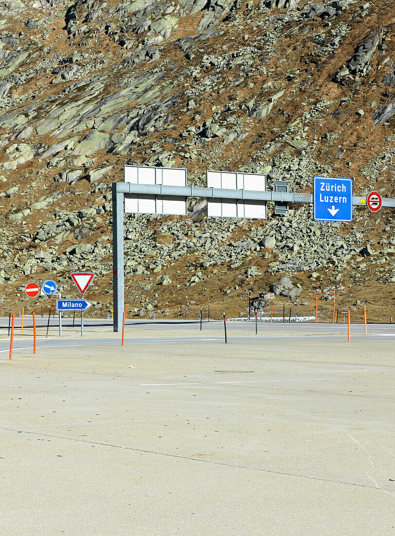 Road Sign For Zurich And Luzern, Gothtard Pass,Switzerland