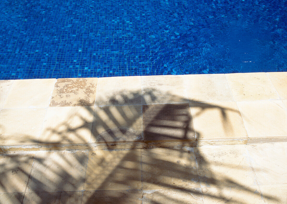 Schatten eines Palmwedels neben dem Swimmingpool des Palms Hotel, in der Nähe von Paje, Sansibar, Tansania.