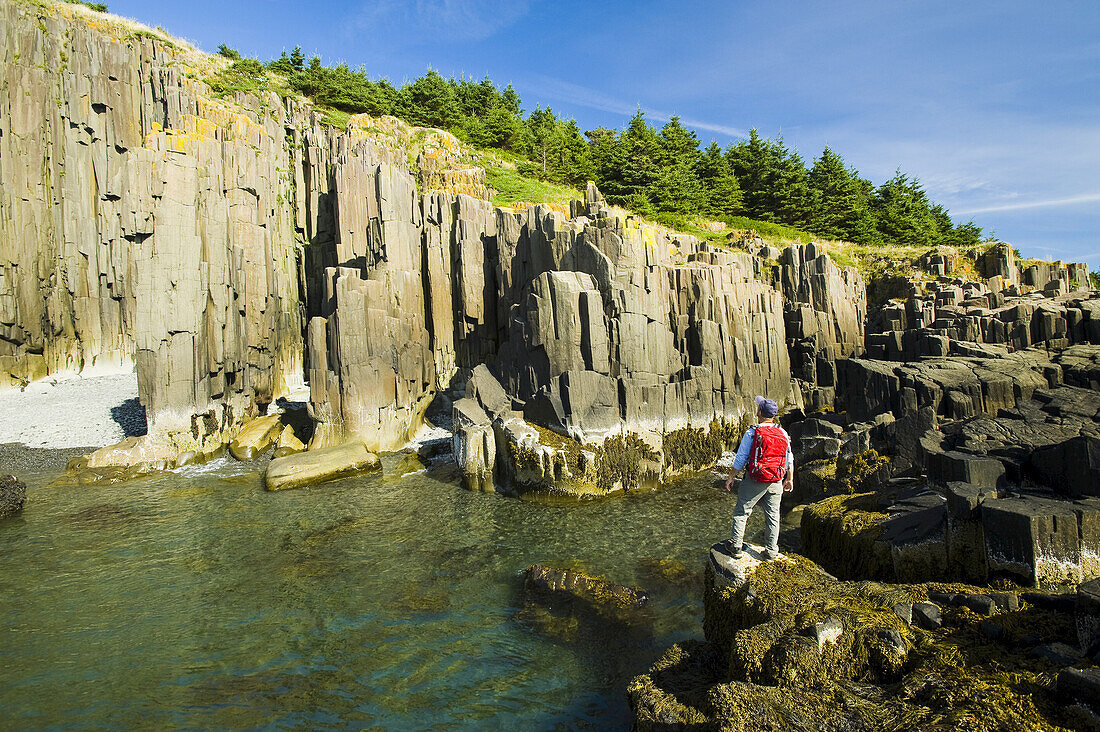 Hiker Along Basalt Rock Cliffs, Bay Of Fundy; Brier Island, Nova Scotia, Canada