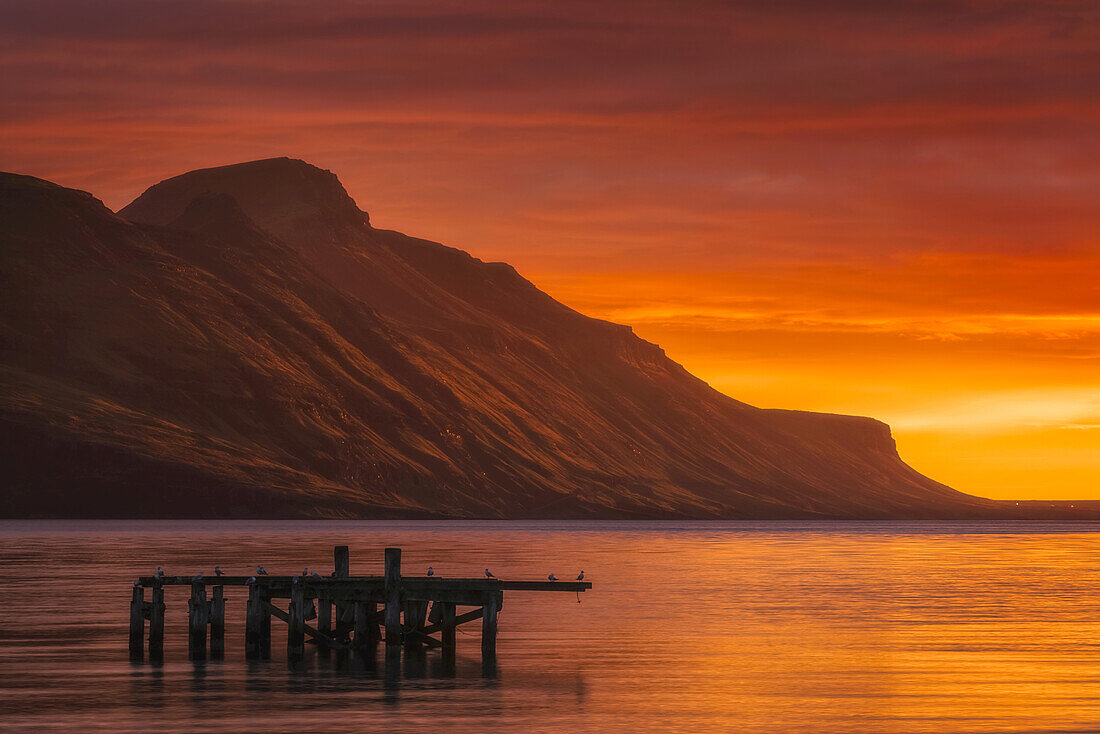 Sonnenaufgang über den Gewässern bei Djupavik, Strandir-Küste; Westfjorde, Island