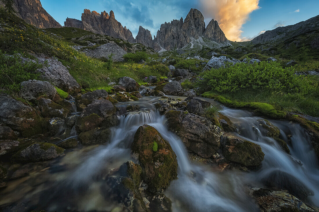 Sunrise Over A Beautiful Mountain Stream In The Dolomite Mountains Of Italy; Cortina, Italy