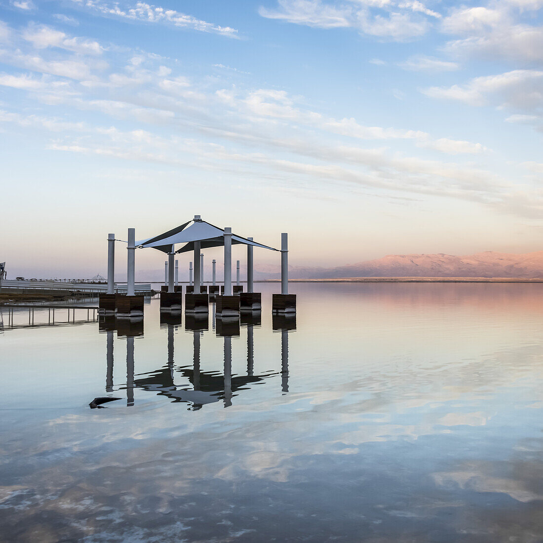 Pillars And An Umbrella Structure In The Dead Sea; South District, Israel