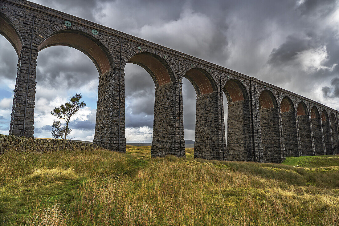 Das Ribblehead-Viadukt trägt die Eisenbahnlinie Settle-Carlisle und wurde 1875 eröffnet; Ribblehead, North Yorkshire, England