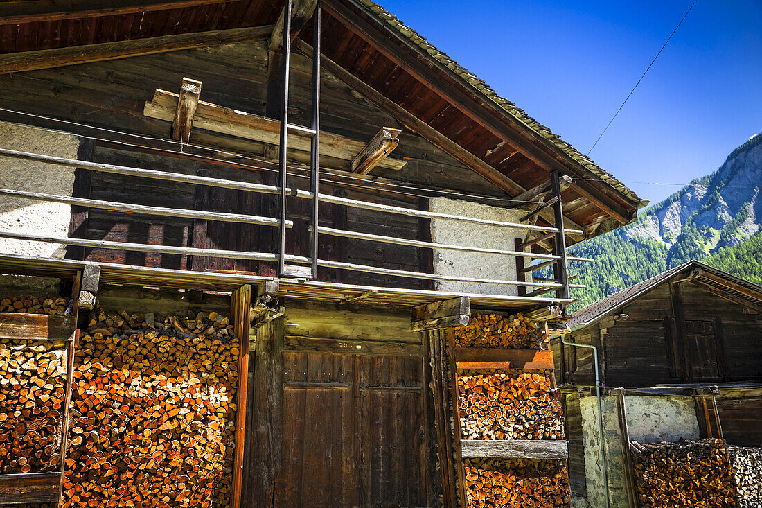 Historic wooden buildings at village of Praz de Fort, Swiss Val Ferret, Alps; Praz de Fort, Val Ferret, Switzerland