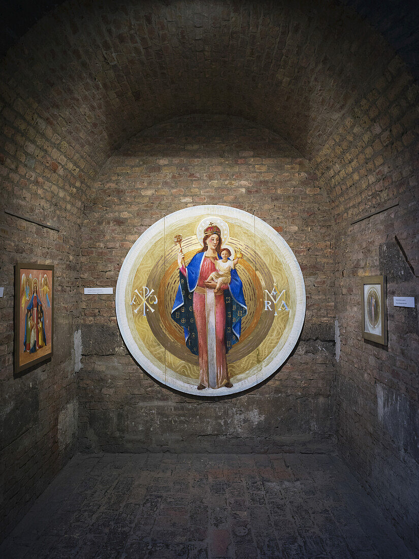 Colourful round artwork of a woman holding a small child, St. Stephen's Basilica; Budapest, Budapest, Hungary