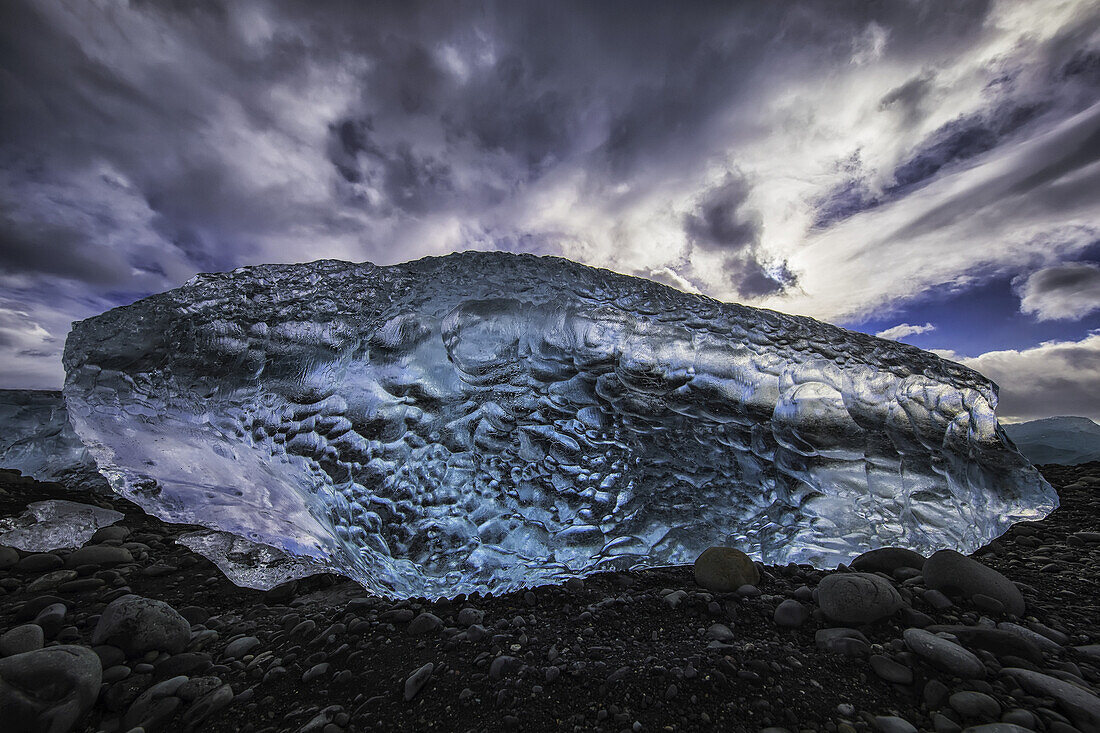 Blue ice on the shore of Jokulsarlon, South coast; Iceland