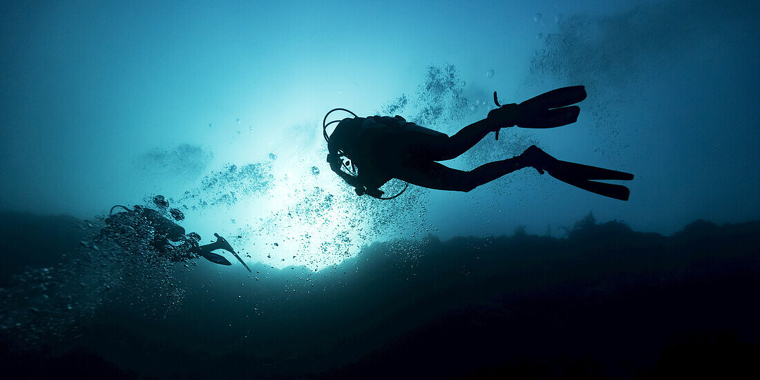 Scuba divers in the Great Blue Hole dive site on the Belize Barrier Reef. This site was made famous by Jacques Cousteau, who declared it one of the top five scuba diving sites in the world; Belize