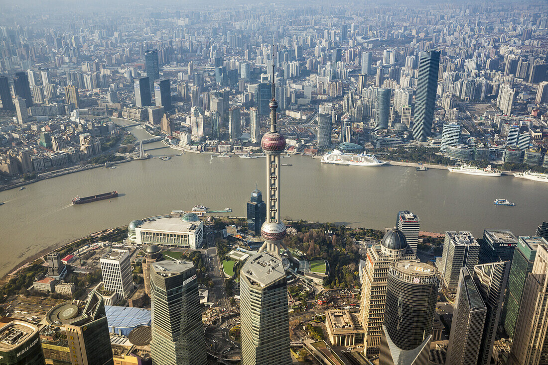 View from the observation deck at the Shanghai Tower, a 632 metre and 128 story megatall skyscraper in Lujiazui, Pudong; Shanghai, China