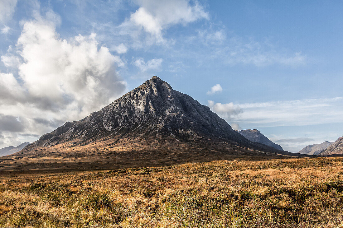 Autumn view of Etive Mor in Scotland with bright blue and white sky; Scotland