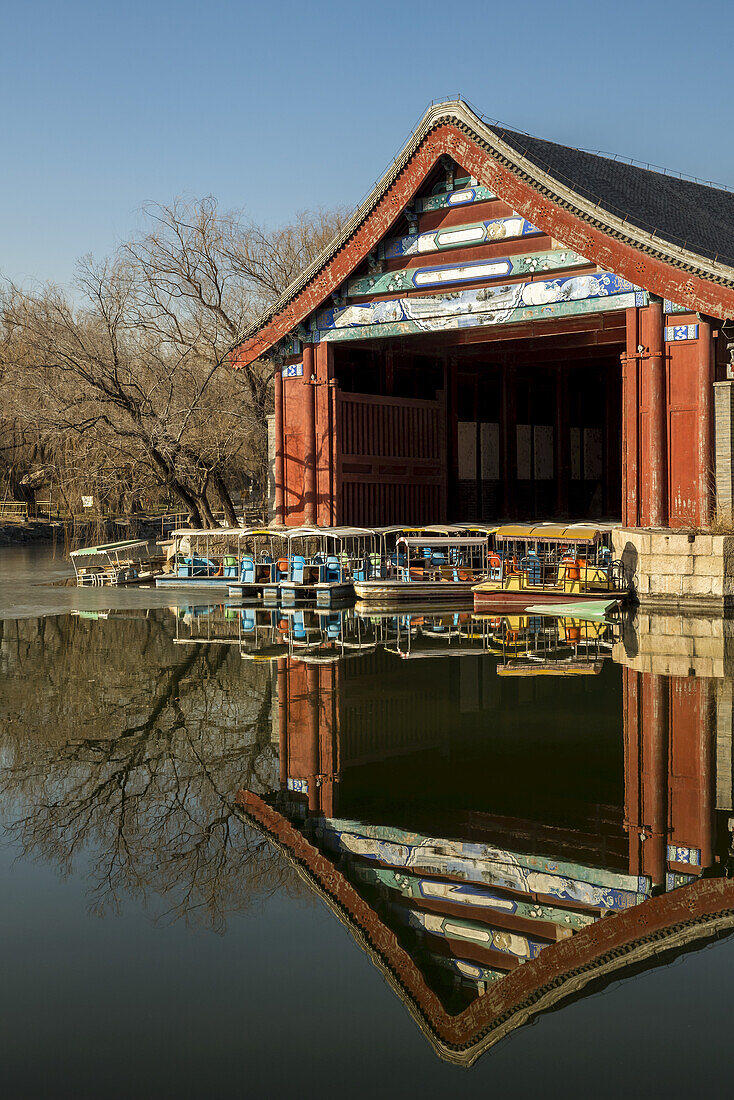 Tourist boats docked in Kunming Lake, The Summer Palace; Beijing, China