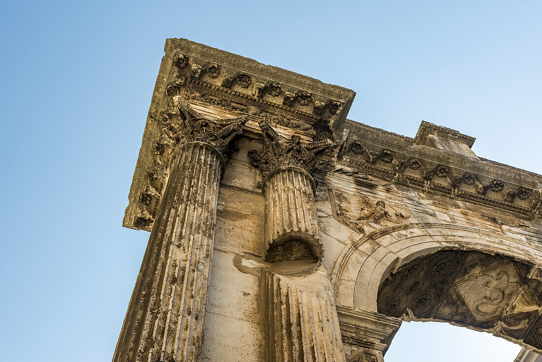 Detail of the Arch of the Sergians, an Ancient Roman triumphal arch; Pula, Istria, Croatia