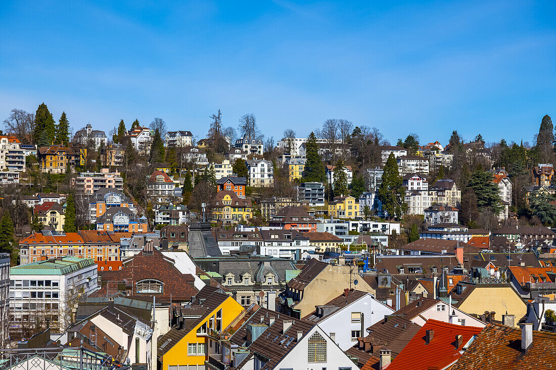 Colourful cityscape with houses, residential buildings and rooftops; St. Gallen, St. Gallen, Switzerland