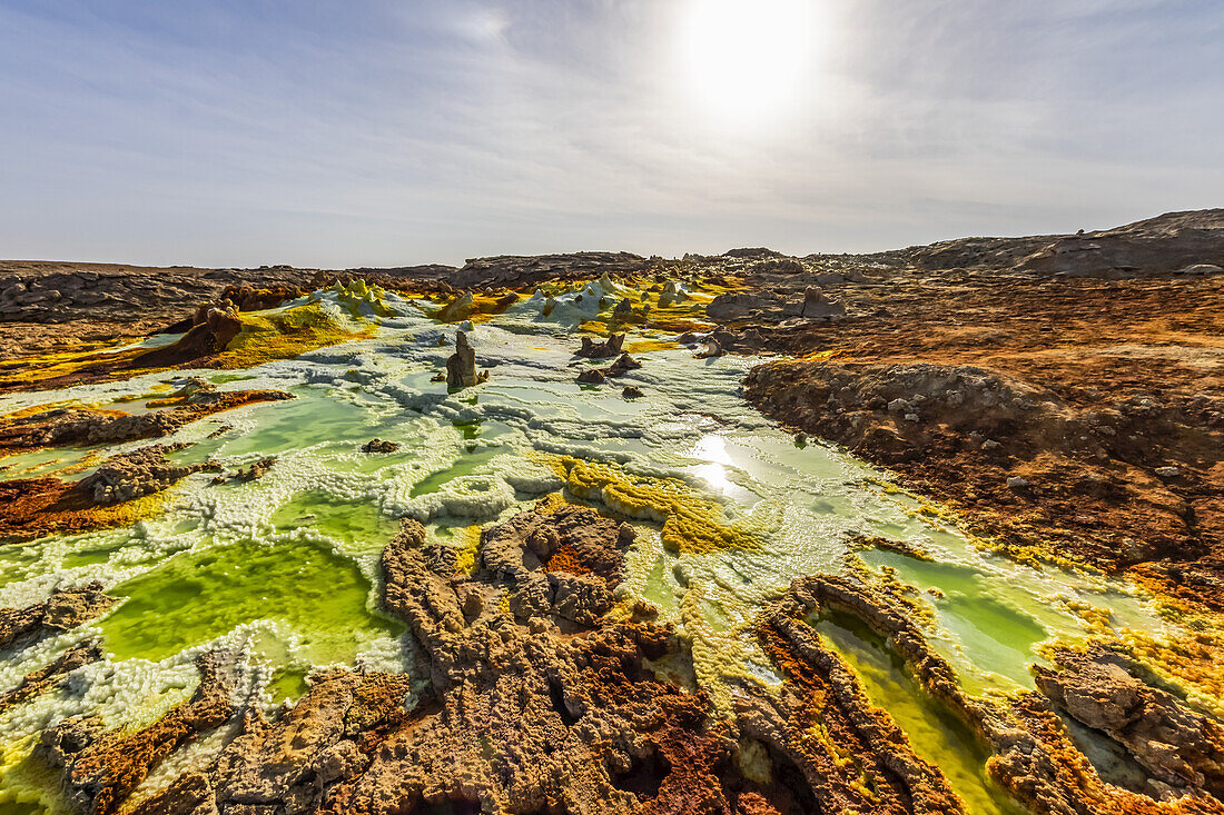 Acidic pools, mineral formations, salt deposits in the crater of Dallol Volcano, Danakil Depression; Afar Region, Ethiopia