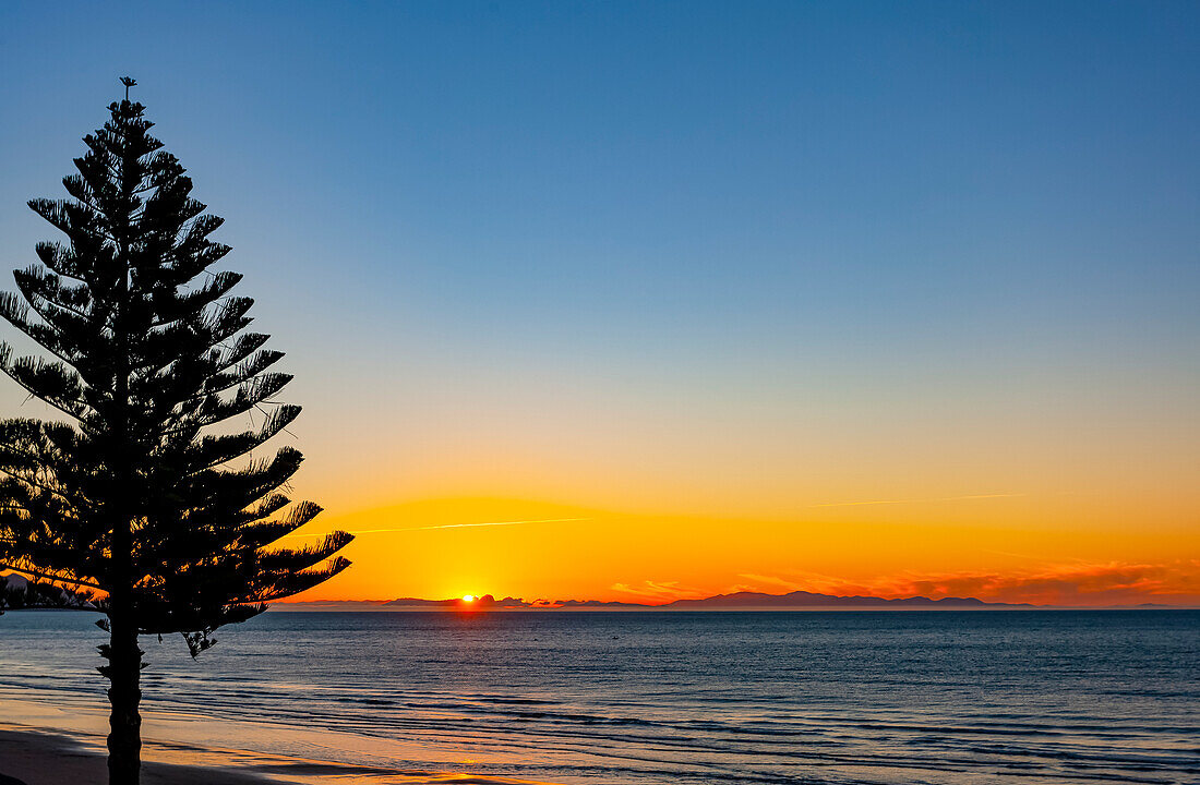 Sunset over the ocean and coastline; North Shore, North Island, New Zealand