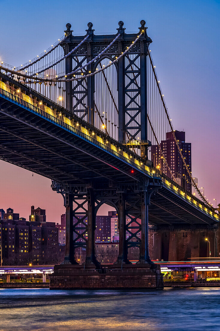 Manhattan Bridge at sunset, Brooklyn Bridge Park; Brooklyn, New York, United States of America